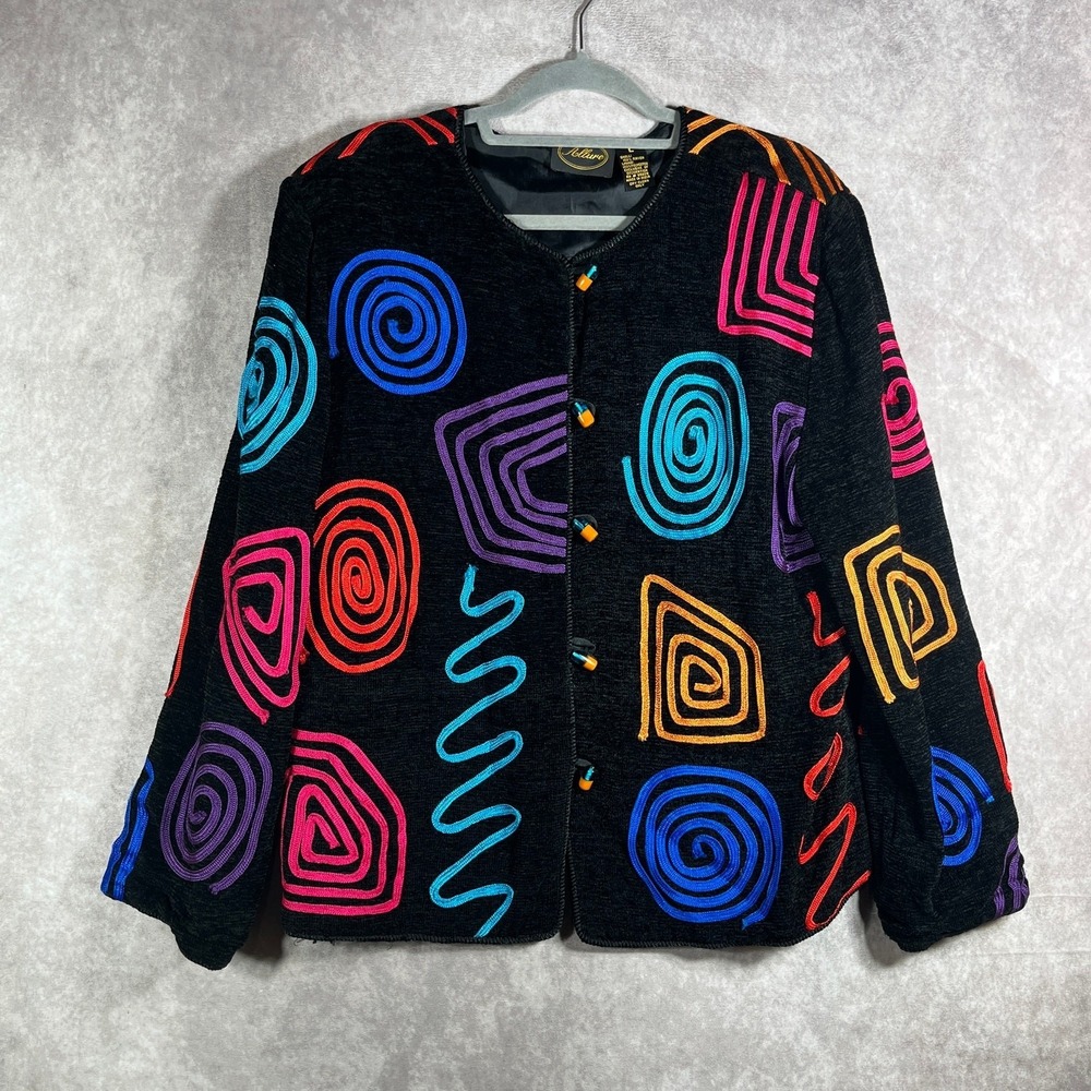 Vintage Allure Jacket Womens Large Black Geometric Button Front Artsy Old Money